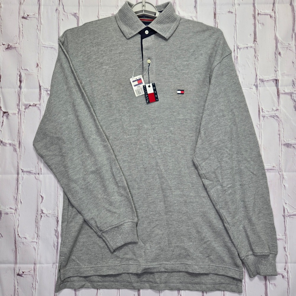 Vintage Y2K 90s Tommy Hilfiger Polo Shirt Gray Long Sleeve Pique Made USA Mens M
